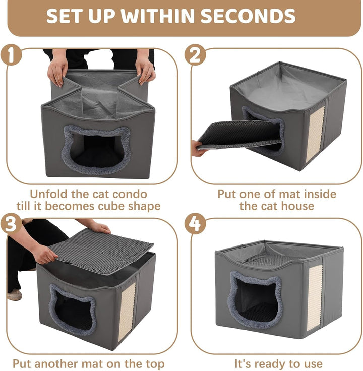 Casă pentru pisici Yosamy, căsuță pliabilă cu două straturi și stâlp de zgâriat pentru pisici, material rezistent la zgârieturi, lavabilă, pat de interior pentru pisici, 41 x 41 x 35 cm