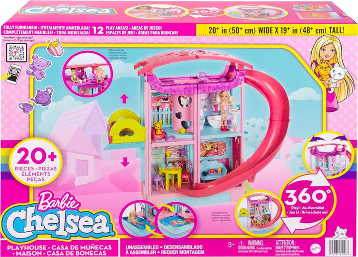 Barbie Chelsea Playhouse - 3 etaje cu funcție de transformare, zone de joacă secrete, lift, piscină, tobogan, 2 animale de companie și mai mult de 20 de accesorii, pentru copii cu vârsta de peste 3 ani, HHX44 Casute de papusi Naty Shop