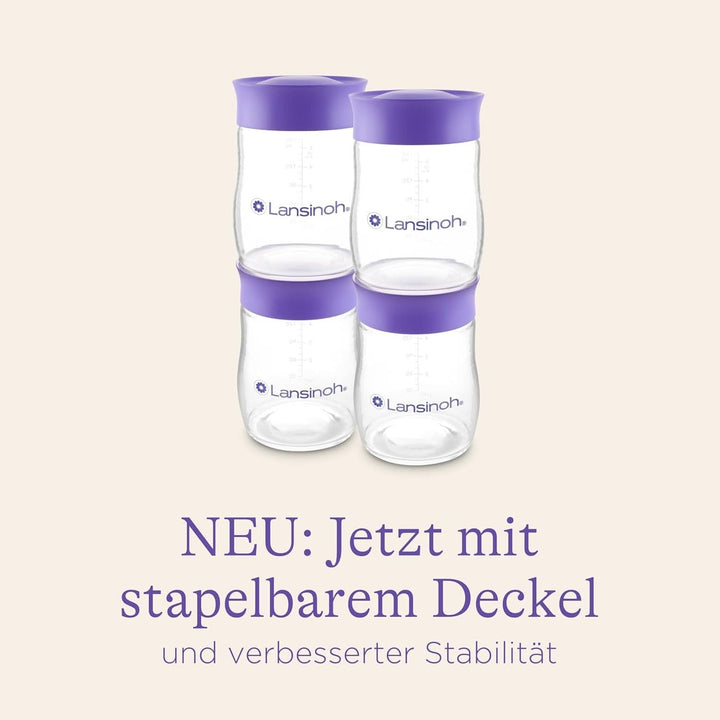 Lansinoh Muttermilchflaschen, 4 X 160 Ml - Zur Sicheren Muttermilch Aufbewahrung - Neues Kompaktes Design Für Verbesserte Stabilität - Mit Stapelbarem Deckel Accesorii Hrana si Alaptare Bebe Naty Shop