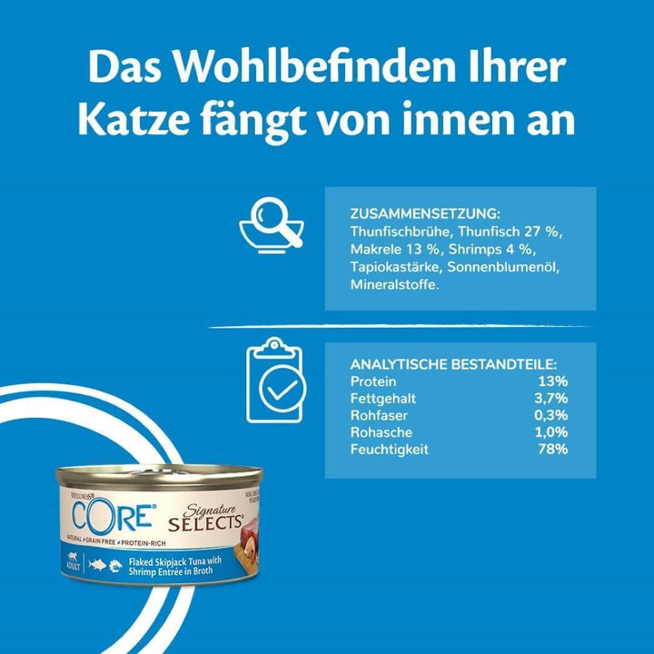 Wellness CORE Signature Selects Fish Bundle, 48 X 79G, fulgi de bonito și creveți, fulgi de bonito și somon, hrană umedă pentru pisici adulte în bulion, fără zahăr adăugat, fără cereale, cu conținut ridicat de carne