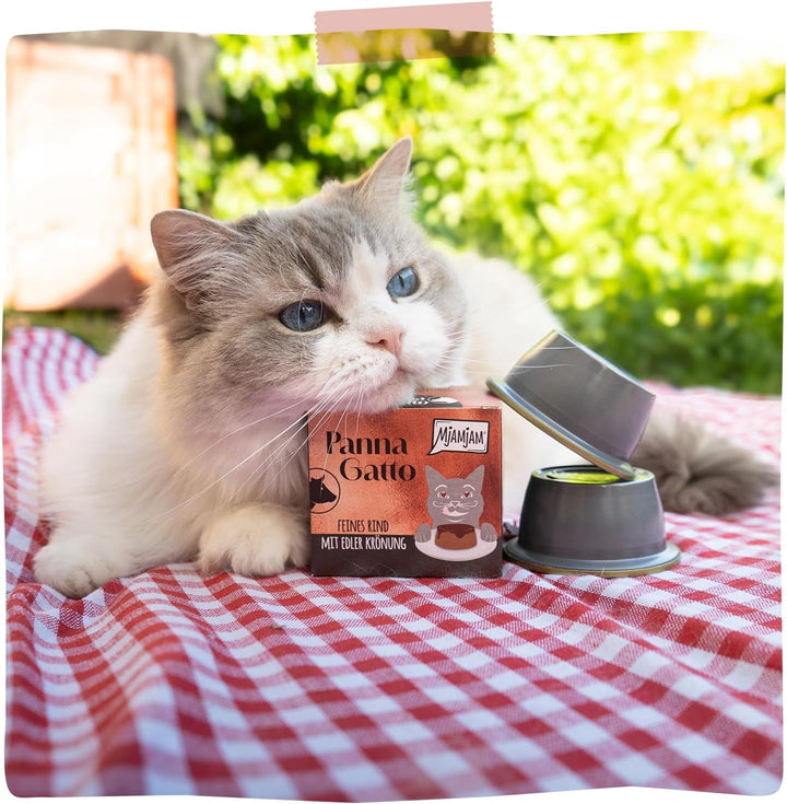 Mjamjam - Hrană umedă premium pentru pisici - Panna Gatto - carne fină de vită cu încoronare nobilă, 12Pack (2X80G), fără cereale