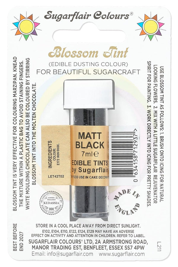 Colorant alimentar pudră Sugarflair Blossom Tint Dusting, negru mat - Pudră de colorant alimentar pentru decorarea pastei de zahăr colorate, fondantului, glazurii, ciocolatei, cremei de unt, macaroanelor - 7ml