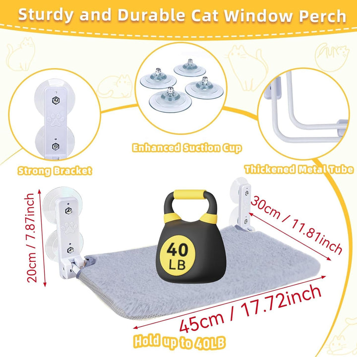 Hamac mare pentru fereastră pentru pisici, pat pentru pisici 52 x 30 cm cu pernă detașabilă din pluș, hamac pliabil pentru fereastră pentru pisici stabil pentru pisici, hamac pentru pisici cu 4 ventuze puternice, susține 25 kg (gri)