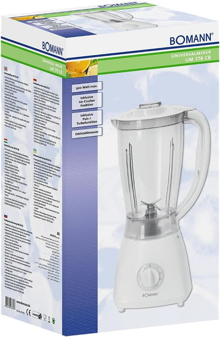 Bomann 378 CB Universalmixer Zum Pürieren, Schlagen, Zerkleinern, Shaken Und Mixen, Ice Crush-Funktion, Kraftvoller 500 Watt-Motor, Abnehmbarer Mixbehälter Mit 1.5 Liter, Edelstahlmesser, Weiß, UM 378 CB Bucatarie Naty Shop