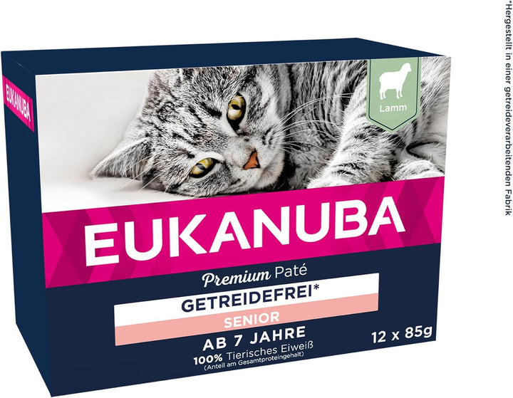 EUKANUBA Senior Cat Food Wet Grain Free - Hrană umedă premium cu mult somon pentru pisici în vârstă, 12 X 85 G