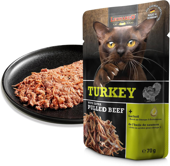 LEONARDO Fresh Pouch [16X70G Curcan cu fâșii de carne] Pulled Beef | Hrană umedă fără cereale pentru pisici | Hrană completă pentru pisici