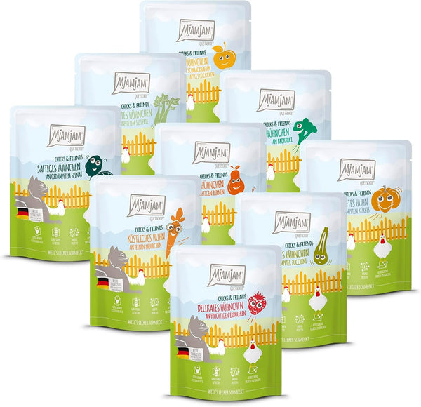 Mjamjam - Hrană umedă premium pentru pisici - Chicks & Friends Box, 9 pachete (9 X 300G), fără cereale și cu carne suplimentară
