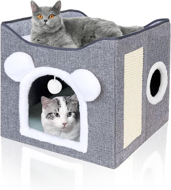 Căsuță pliabilă pentru pisici de interior, casă frumoasă pentru pisici cu terasă, peșteră pentru pisici cu 2 straturi, cu zgârietură și minge de joacă, pat pentru 2 pisici, 42 x 40 x 39 cm, gri