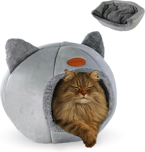 Mobiclinic® Pets, Pat pentru pisici, Cuib tip peșteră, Hellocatty, Lavabil la mașină, Ușor de pliat și depozitat, Antiderapant, Pernă detașabilă confortabilă, Spumă 25D, Design modern