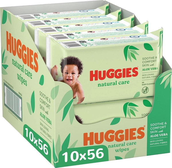 Huggies® Natural Care Baby Wipes, 10 x 56 Șervețele, fabricate din fibre de îngrijire a pielii pentru o piele sănătoasă, îmbogățite cu Aloe Vera Servetele Umede Bebelusi Naty Shop
