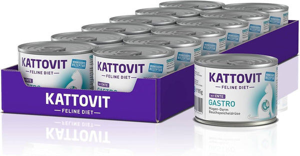 KATTOVIT - Gastro Hrană umedă pentru pisici | Hrană umedă pentru pisici pentru susținerea sistemului gastrointestinal | Hrană dietetică completă într-o cutie pentru pisici adulte. Fără gluten | 12 X 185 G E