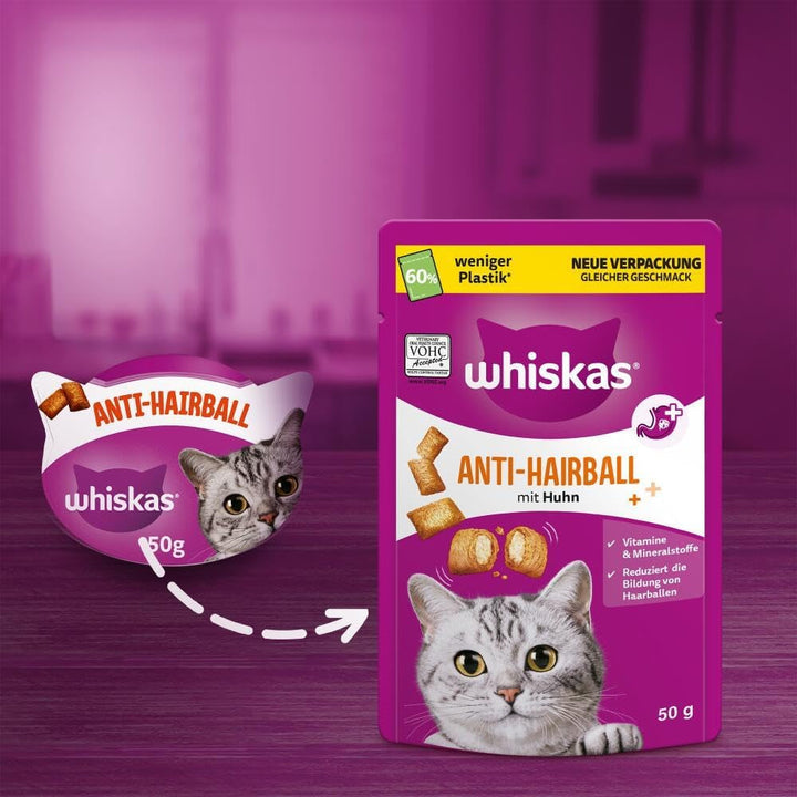 WHISKAS Anti-Hairball Cat Snacks 6 X 50G - Snacks-uri delicioase împotriva bilelor de păr pentru o blană sănătoasă