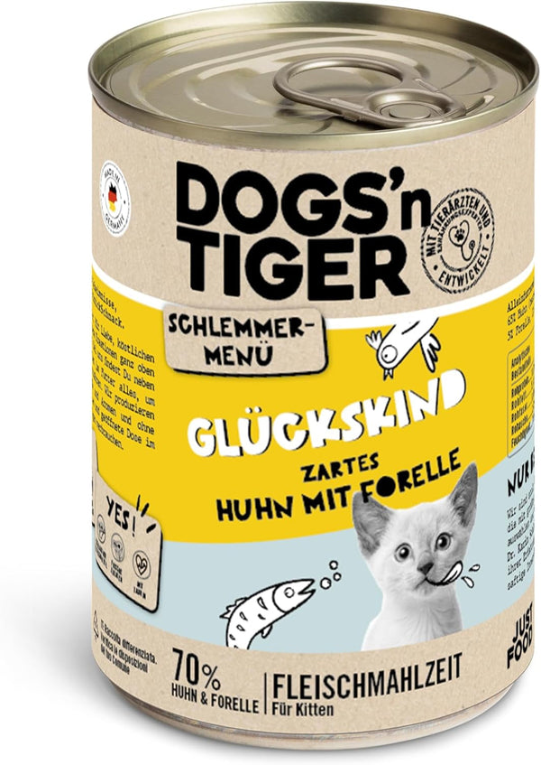Dogs'N Tiger Gourmet Menu Glückskind, hrană umedă pentru pisoi, pui suculent și păstrăv - fără cereale, zahăr adăugat, conservanți artificiali, compatibilitate optimă, 6X400G