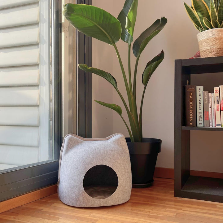 EL ÁTICO PETS Peșteră pentru pisici din fetru. Pat pentru pisici. Pat de odihnă. Pat pentru pisici. Peșteră și pernă pentru pisici incluse. Căsuță pentru pisici. Peșteră de relaxare pentru pisici. Iglu pentru pisici. Căsuță pentru pisici (Gri, Mare)