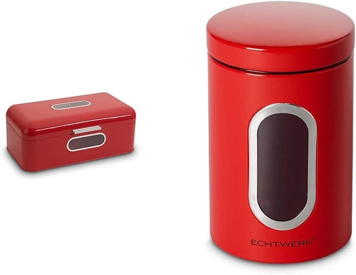ECHTWERK coș metalic retro pentru pâine cu fereastră de vizualizare și capac, set de 3 cutii de depozitare elegante, capacitate 1,4 litri, roșu Cutii depozitare alimente Naty Shop Roșu Mare Pachet cu cutii de depozitare