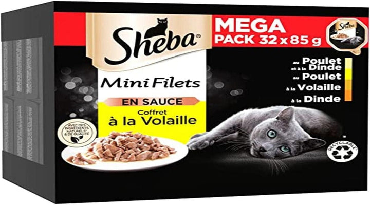 SHEBA Mini Nets în sos, selecție cu pasăre, boluri pentru pisici adulte, 4 arome, Mega Pack, 32 X 85 G