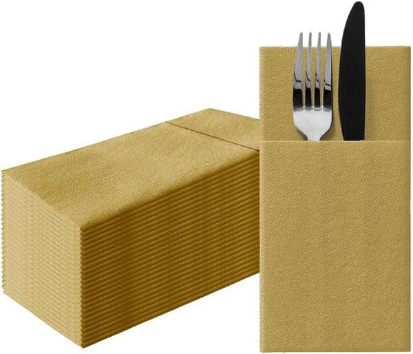 PAW - Șervețele pentru tacâmuri Airlaid - asemănătoare cu țesătura (pliere de 1/8) | 25 bucăți | Ideal pentru nunți, botezuri, comuniuni, zile de naștere | Saci de șervețele pentru tacâmuri | Monocolor, auriu