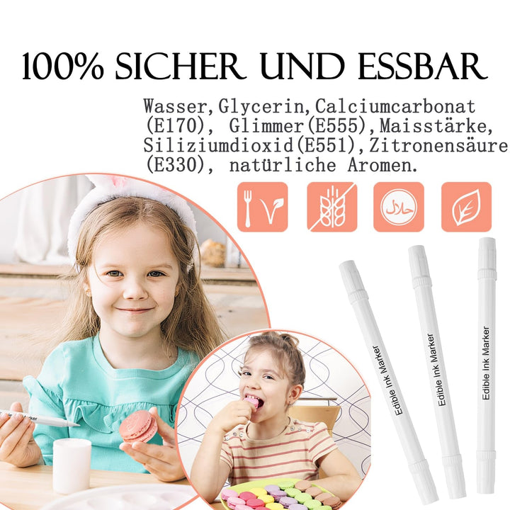 Set de 3 pixuri alimentare comestibile, albe, set de 3 cu vârf dublu, vegane, fără gluten, colorant alimentar fondant, albe pentru pictat și scris pe prăjituri etc.