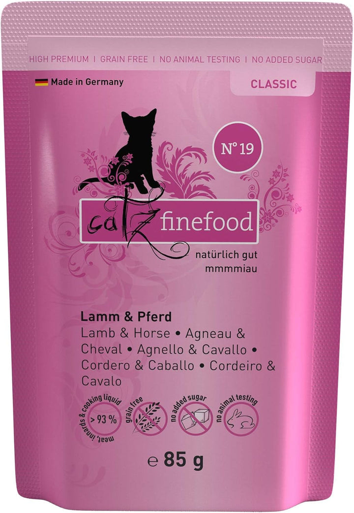 Catz Finefood N° 19 Lamb & Horse Delicatessen Hrană umedă pentru pisici, rafinată cu dovlecel și roșii, 16 X 85G pungă