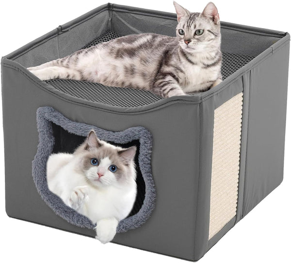 Casă pentru pisici Yosamy, căsuță pliabilă cu două straturi și stâlp de zgâriat pentru pisici, material rezistent la zgârieturi, lavabilă, pat de interior pentru pisici, 41 x 41 x 35 cm