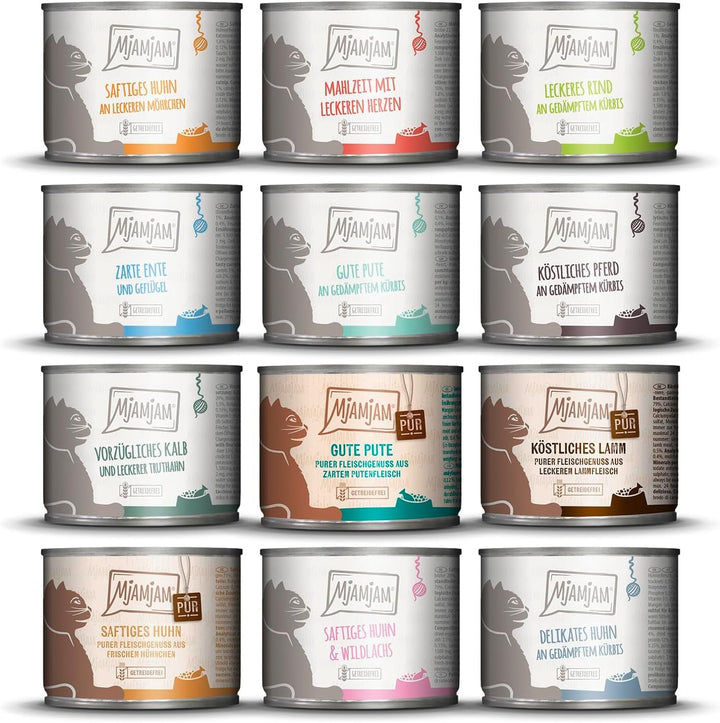Mjamjam - Hrană umedă premium pentru pisici - Cutie delicioasă, 12 pachete (12 X 200 G), fără cereale cu extra carne