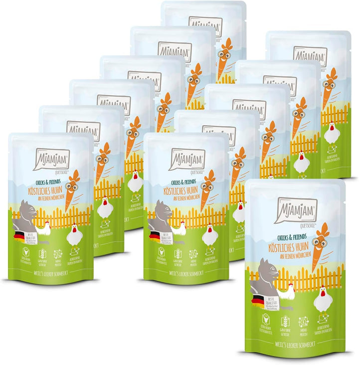Mjamjam - Hrană umedă premium pentru pisici - Chicks & Friends Box, 9 pachete (9 X 300G), fără cereale și cu carne suplimentară