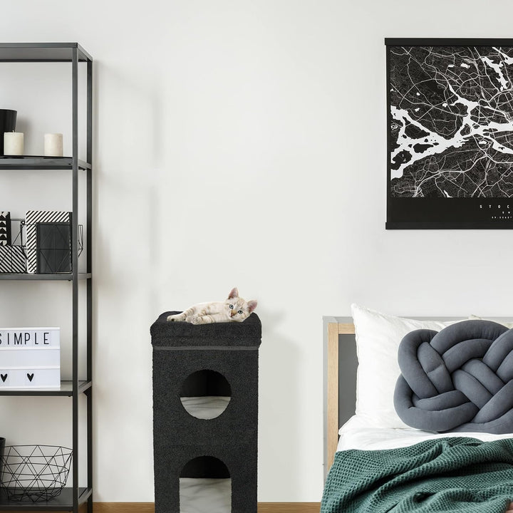 Peșteră pentru pisici Relaxdays, ÎxLxA: 76 x 40 x 40 cm, Căsuță pliabilă pentru pisici cu 3 niveluri, Ascunziș pentru pisici cu scândură, Negru