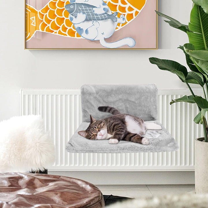 Șezlong pentru pisici pentru calorifer, hamac suspendat, șezlong pentru calorifer pentru pisici, șezlong încălzitor pentru pisici cu blană moale de pluș, hamac confortabil pentru pisici pentru toate caloriferele comune, 46 x 30 x 25 cm (gri)