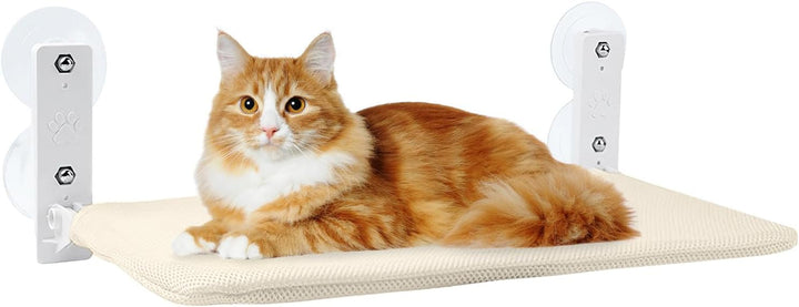 Hamac pentru pisici cu fereastră 52 x 30 cm, pat pentru pisici cu fereastră, covoraș reversibil, pat pliabil cu fereastră și ventuze stabile, până la 18 kg (bej cu puf, 52 x 30 cm)