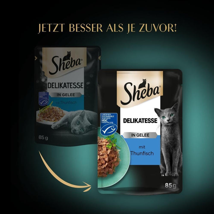 SHEBA săculeți hrană umedă pentru pisici delicatesă în jeleu cu ton Msc certified 28 X 85G