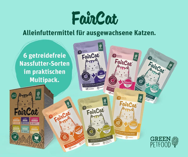 Green Petfood Faircat Multipack (6 X 85 G) | Adult | Hrană umedă premium pentru pisici adulte | 6 arome delicioase diferite în Multipack | Fără cereale | Hrană umedă pentru pisici | 6Pack