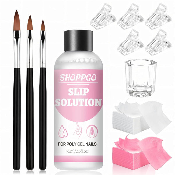 Soluție de îndreptare Polygel, Kit pentru unghii Polygel Slip Solution, Soluție de îndreptare 75 ml, Include 5 cleme pentru vârfuri de unghii, 3 perii de unghii, 1 cupă de cristal, 100 foi de curățare