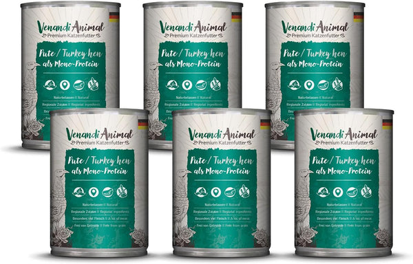 Venandi Animal - Hrană premium pentru pisici - Curcan ca hrană umedă monoproteică, fără cereale și naturală, pachet de 6 (6 X 400G)