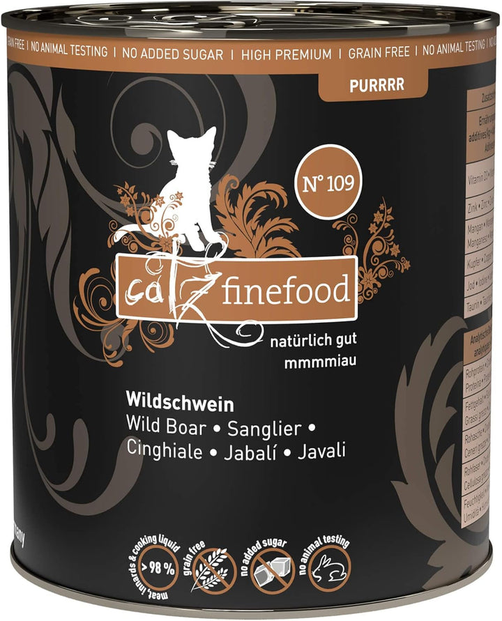 Catz Finefood Purrrrr Wild Boar Monoprotein Cat Food Wet N° 109, Pentru pisici sensibile din punct de vedere nutrițional, 70% carne, cutie 6 X 400G
