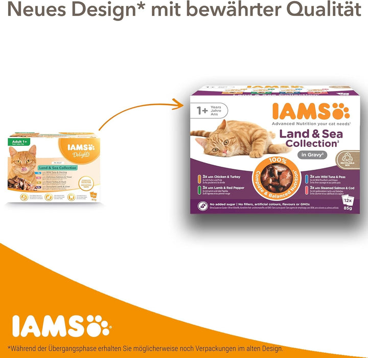 Hrană umedă pentru pisici IAMS Delights Sea Collection - Multipack cu sortimente de pește (somon, ton, macrou, pește de mare) în sos, hrană umedă pentru pisici de la 1 an în sus, 12 X 85G
