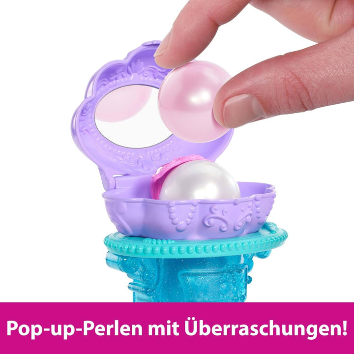 Mattel Disney Princess Toys, Make-up Shell Mermaid Arielle Fashion Doll cu coadă detașabilă, masă de machiaj cu 5 surprize pop-up repetabile și 5 accesorii, JBF86 Papusi Naty Shop