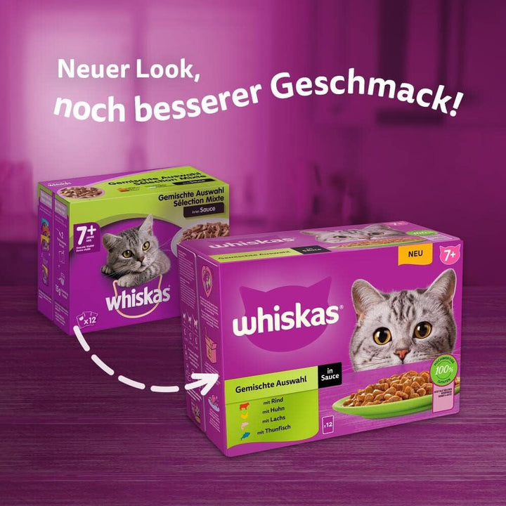 Whiskas Senior 7+ Hrană umedă pentru pisici Mixed Selection in Sauce, 48 de pliculețe, 12X85G (pachet de 4) - Hrană umedă de înaltă calitate, pentru pisici de 7 ani și mai în vârstă