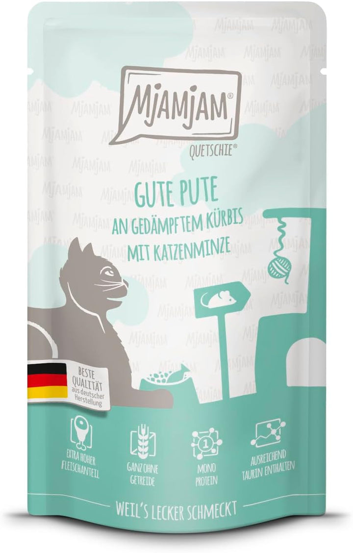 Mjamjam - Hrană umedă premium pentru pisici - Rață și pasăre fină cu morcovi delicioși, 1 pachet (1 X 400 G), fără cereale cu extra carne