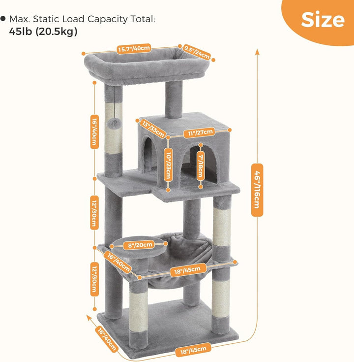 PAWZ Road, arbore pentru pisici cu hamac metalic din pluș, turn pentru pisici adulte cu căsuță tip condominiu cu 2 uși, gri, 116 cm