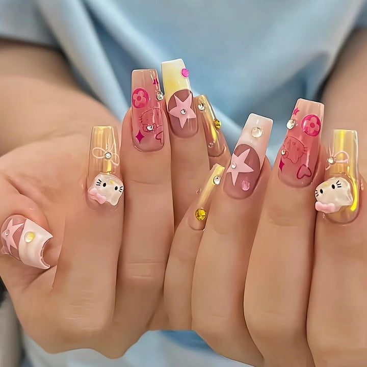 Talisoane 3D pentru unghii cu pisici, sclipici pentru unghii, paiete, talisoane pentru unghii din rășină, pietre prețioase pentru unghii, diamante pentru nail art, inclusiv stick de ceară pentru unghii cu strasuri (pisică colorată)