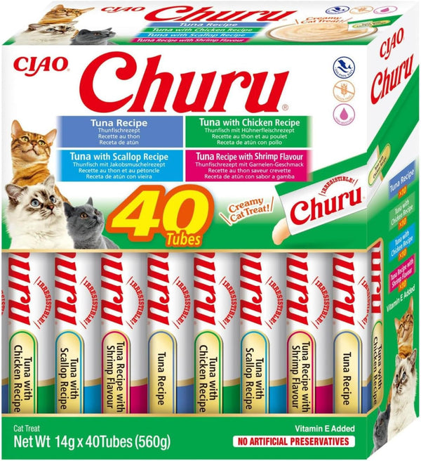 INABA Churu The Best Cat Treats For Vet, Training, Bonding, Dulciuri cremoase pentru pisici, cutie variată cu 100% carne naturală | Fără cereale, fără zahăr, cu conținut scăzut de calorii 40 X 14 G