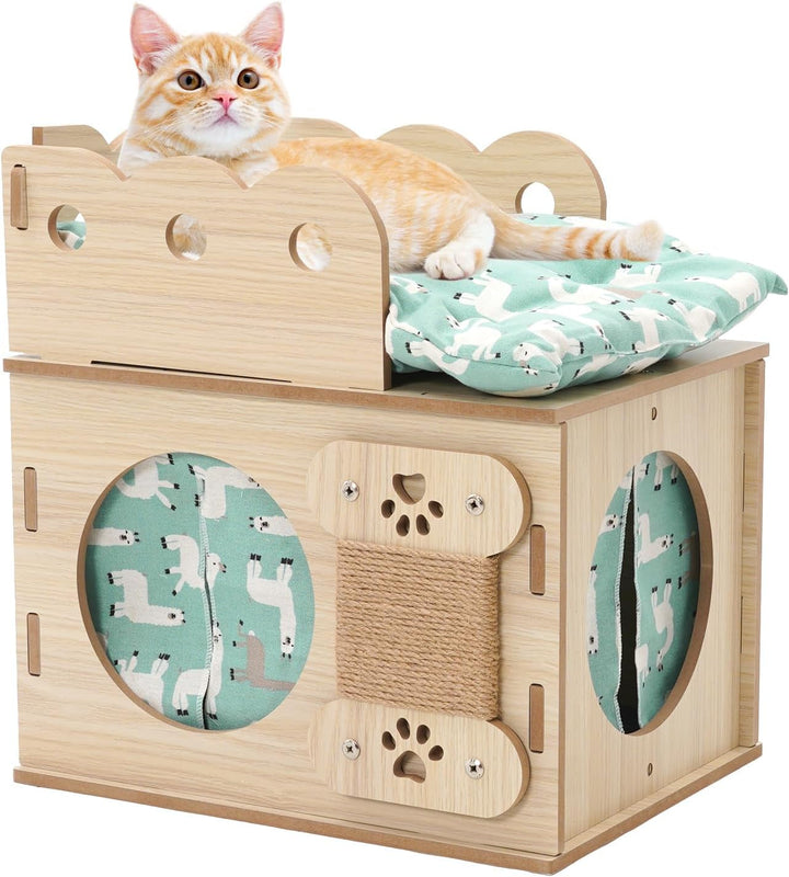 Căsuță din lemn pentru pisici cu covoraș moale, stivuibilă, pliabilă, cub pentru pisici, combinație de cățărat pentru pisici, cu îmbinare spațială