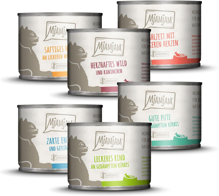 Mjamjam - Hrană umedă premium pentru pisici - Mixpack 5 - Deliciu de carne pură, pachet de 6 (6 X 200 G) & - Hrană umedă premium pentru pisici - Mixpack 3 - vânat și iepure, curcan, rață și păsări de curte, (6 X 200 G)