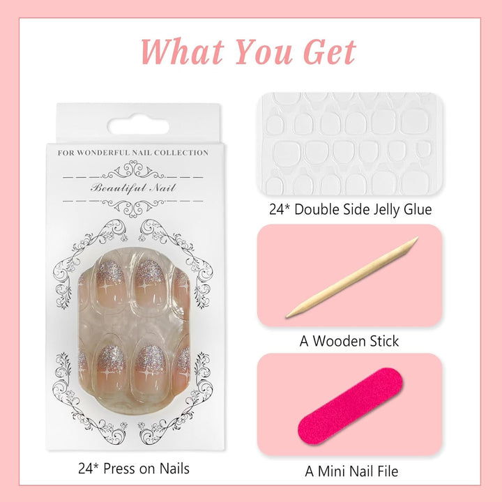 24 bucăți unghii French Press pe unghii, scurte, argintii strălucitoare, cu design, unghii artificiale ovale, unghii de lipit pe unghii acrilice lucioase, unghii false pentru femei și fete