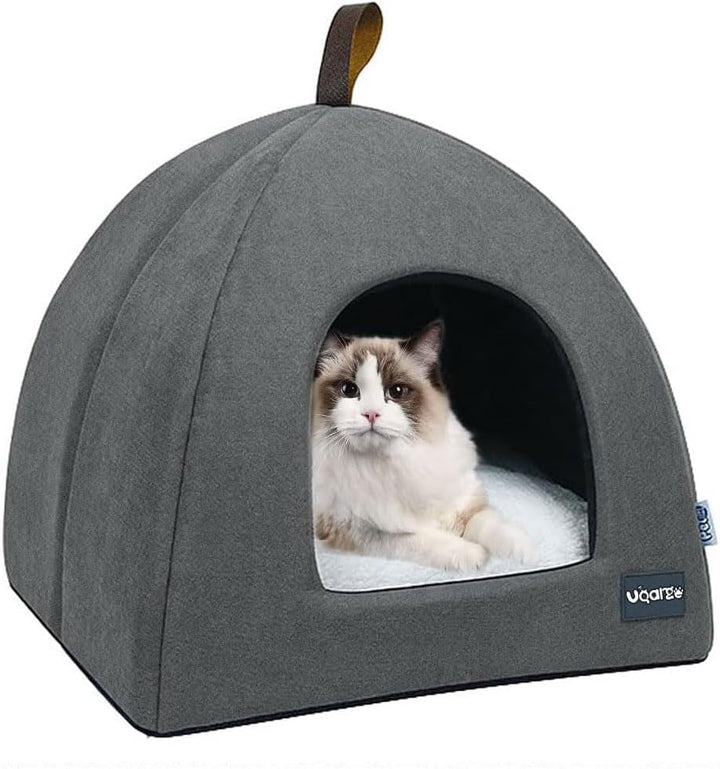 Pat pentru pisici, Peșteră moale pentru pisici, Paturi moi și calde din pluș, Cuib pentru pisici cu pernă interioară detașabilă (Gri L)