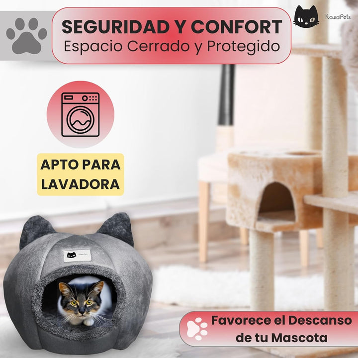 Kawaipets - Pat pentru pisici - Peșteră pentru pisici cu pernă interioară lavabilă și minge de jucărie - Pat pufos pentru pisici - Casă pentru pisici cu zgardă colorată cadou