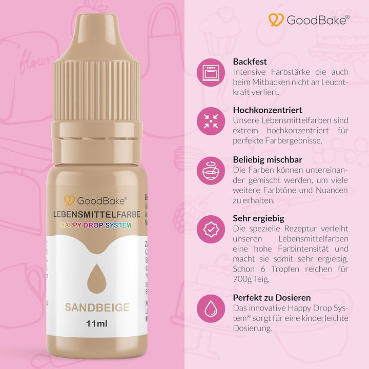 Colorant alimentar Goodbake Pastel Sand Beige (11 ml) – Colorant alimentar cu doză mare – Pentru colorarea prăjiturilor, fondantului, cremei de unt, macarons-urilor, băuturilor, slime-ului și multor altor obiecte. 100% vegan