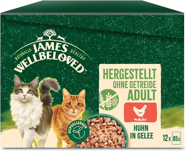 JAMES WELLBELOVED 12 X 85G pungi porție pisică hrană umedă fără cereale, pui în jeleu