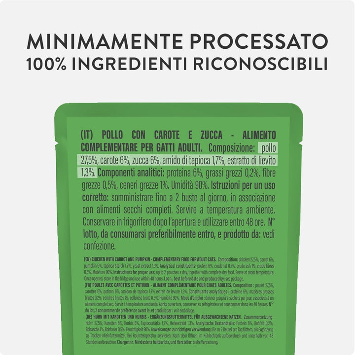 , Supă cu fileuri de pui cu morcovi și dovleac, hrană umedă complementară pentru pisici, rețeta originală, 100% naturală, 12 pungi a câte 40 g