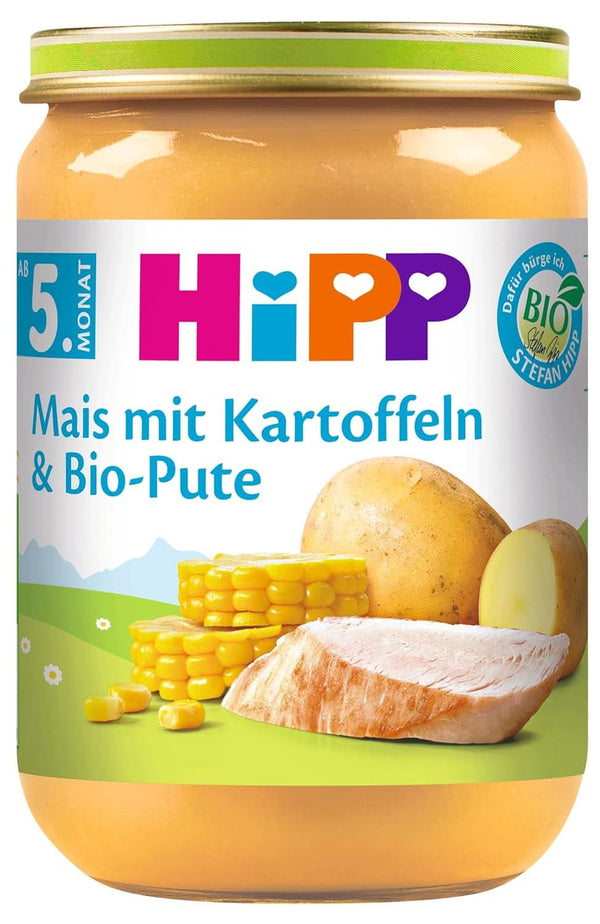 Porumb dulce Hipp cu piure de cartofi și curcan organic, pachet de 6 (6 X 190 grame) Mama si Copilul Naty Shop 6 x 190 grame Porumb cu piure de cartofi și curcan organic cu Omega 3